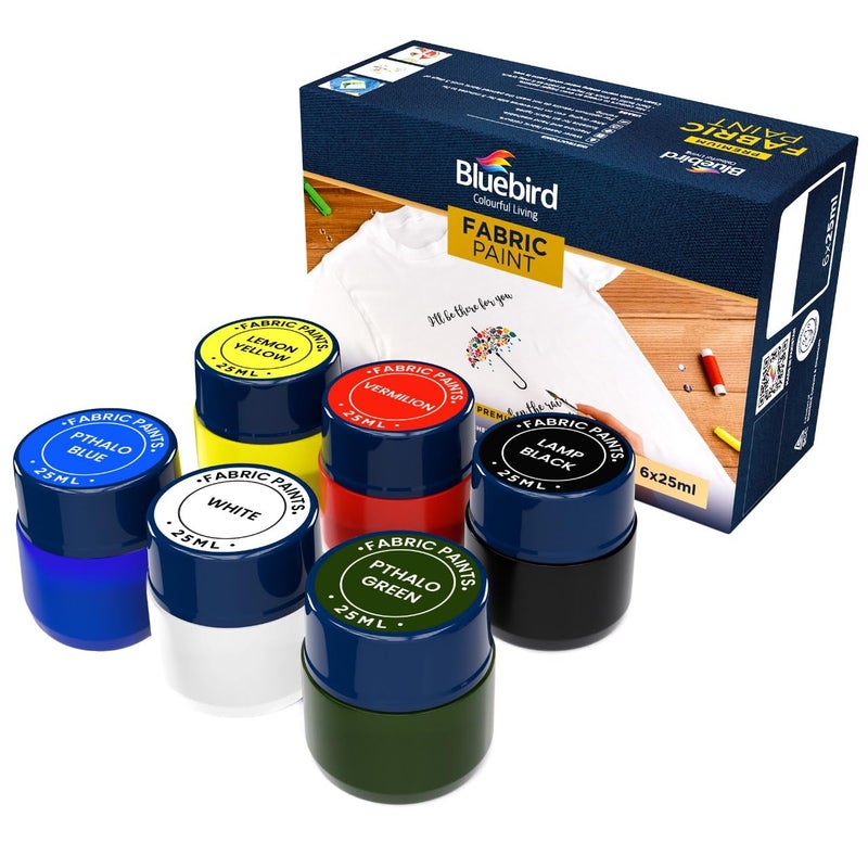 BLUEBIRD Fabric Paint Set, Primary Colors, 6 x 25 ML, Permanent Fabric Paints for Clothes - Image 1
